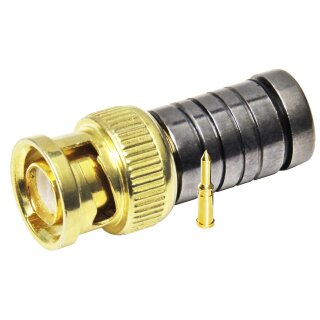 Goldlegierter HQ-Kompressions BNC Stecker  RG59/75Ohm für HD Signale bis 12MP mit Pins für 0,8 mm Kabelinnenleiter